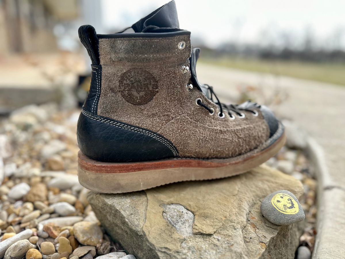 Photo by Bedrock on January 1, 2024 of the Frank's Boots Monkey Boot in Grey And Black Montana Bison.