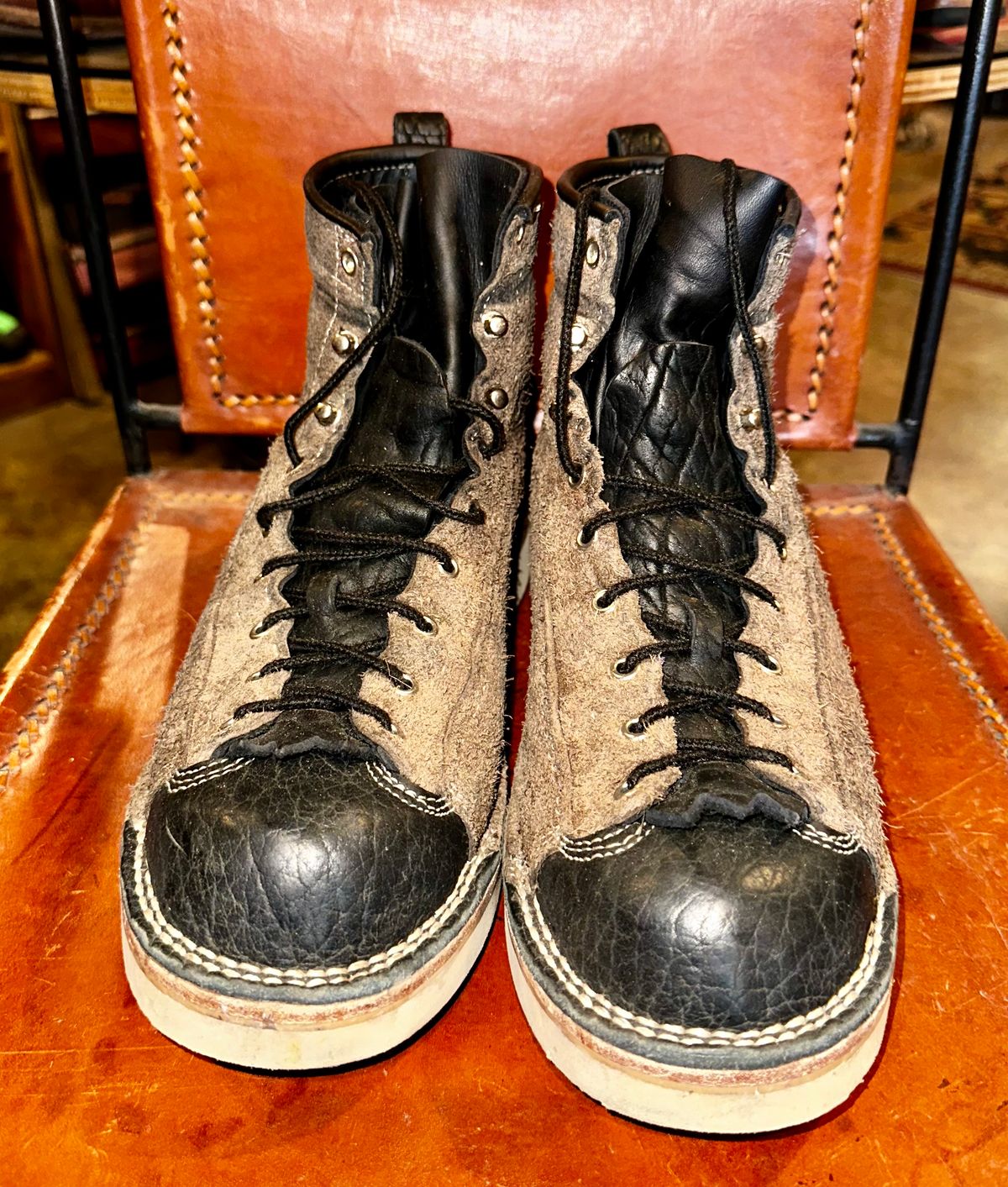 Photo by Bedrock on March 1, 2024 of the Frank's Boots Monkey Boot in Grey And Black Montana Bison.