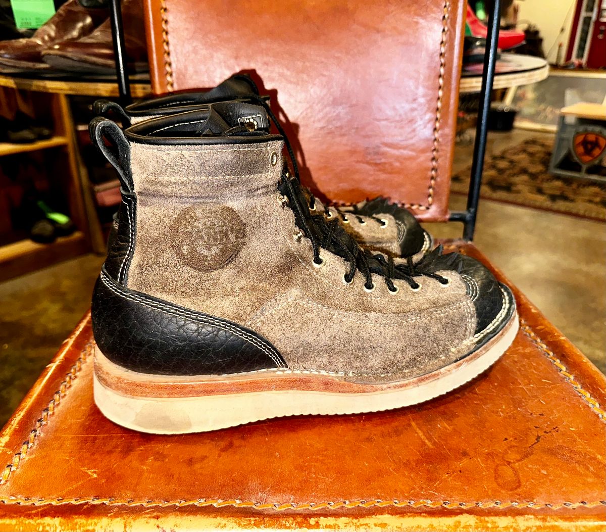 Photo by Bedrock on March 1, 2024 of the Frank's Boots Monkey Boot in Grey And Black Montana Bison.