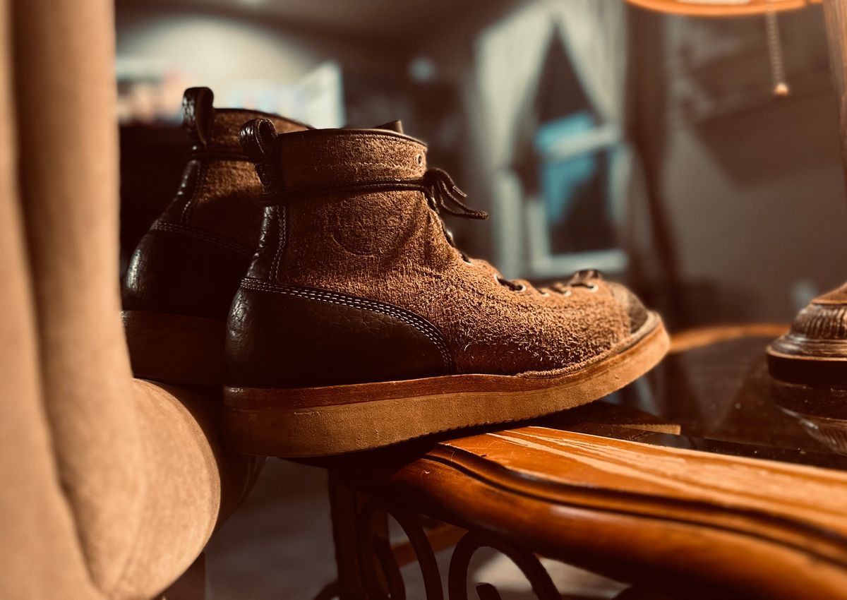 Photo by Bedrock on April 2, 2024 of the Frank's Boots Monkey Boot in Grey And Black Montana Bison.