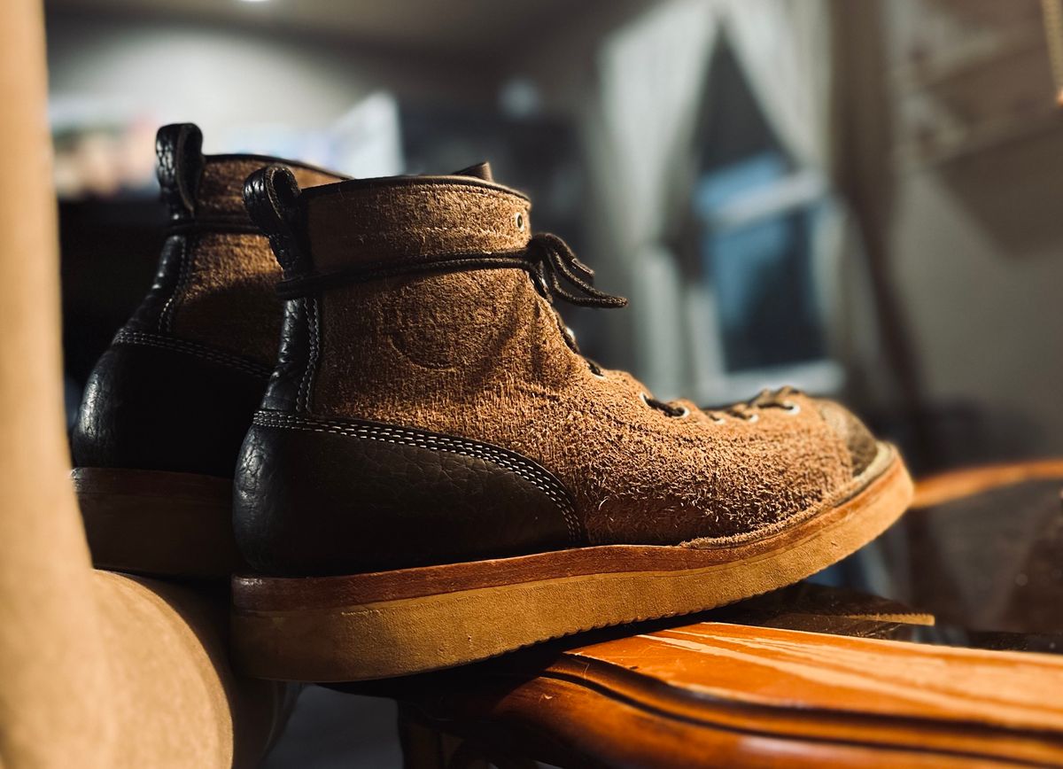 Photo by Bedrock on April 2, 2024 of the Frank's Boots Monkey Boot in Grey And Black Montana Bison.