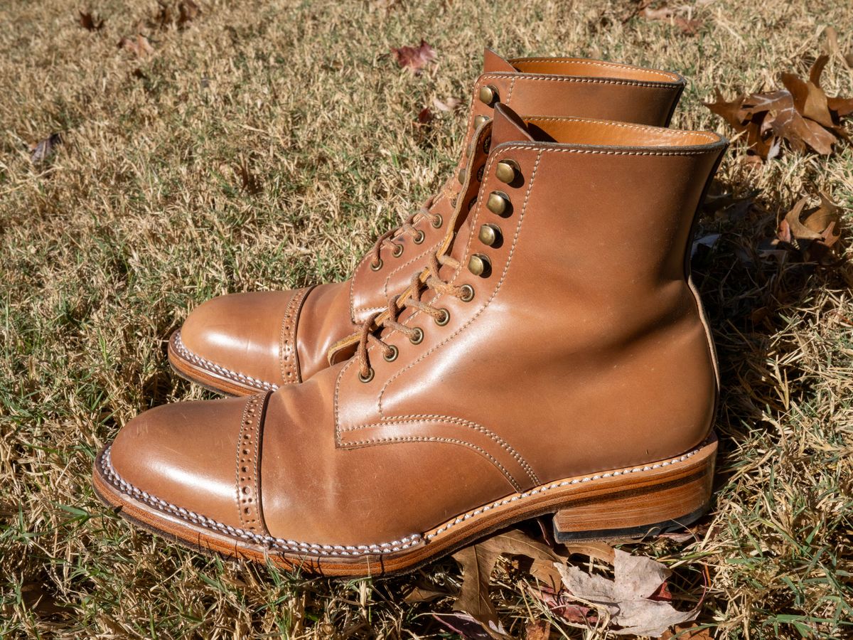 Photo by redfishjoefish on November 3, 2023 of the Midas Journey Derby Boot in Horween Unglazed Natural Shell Cordovan.