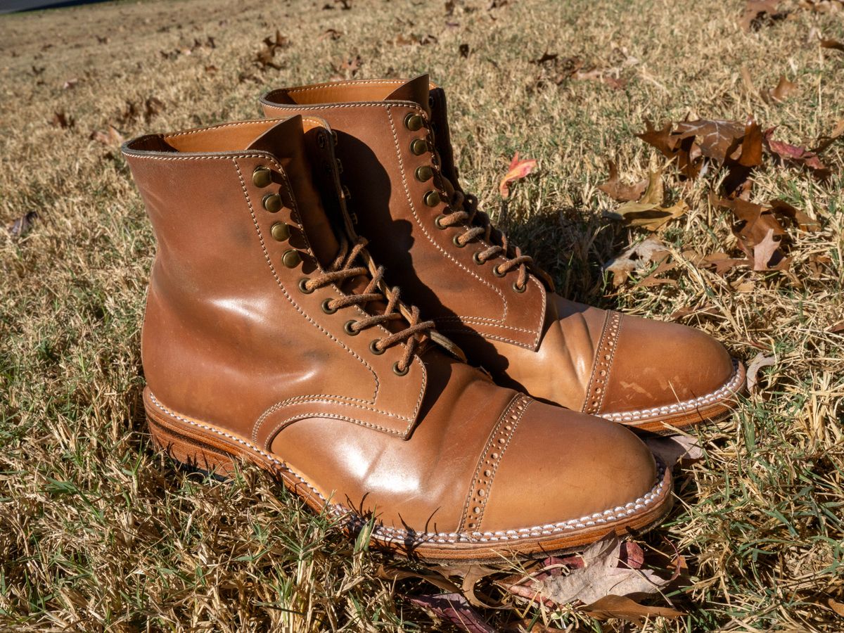 Photo by redfishjoefish on November 3, 2023 of the Midas Journey Derby Boot in Horween Unglazed Natural Shell Cordovan.