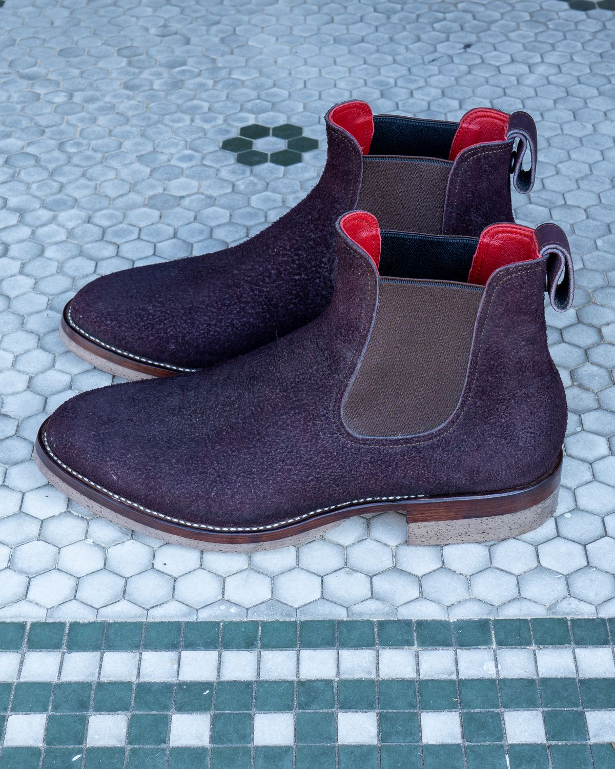 Photo by redfishjoefish on October 6, 2024 of the Briselblack The Seventh Chelsea Boot in Horween Rare Wine Reverse Chamois.