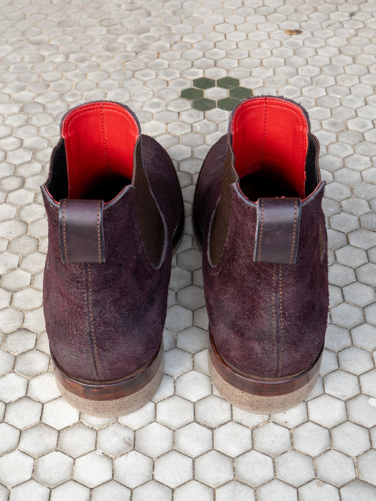 Photo by redfishjoefish on November 4, 2024 of the Briselblack The Seventh Chelsea Boot in Horween Rare Wine Reverse Chamois.