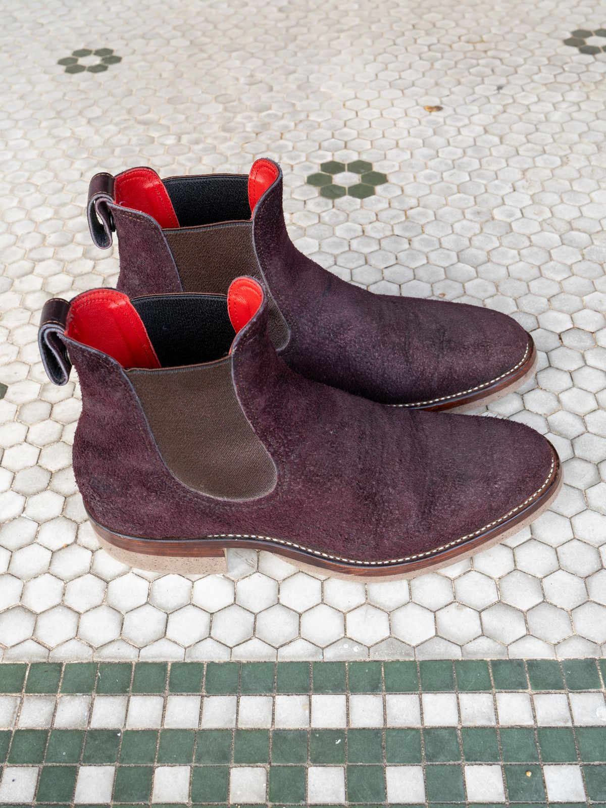 Photo by redfishjoefish on November 4, 2024 of the Briselblack The Seventh Chelsea Boot in Horween Rare Wine Reverse Chamois.