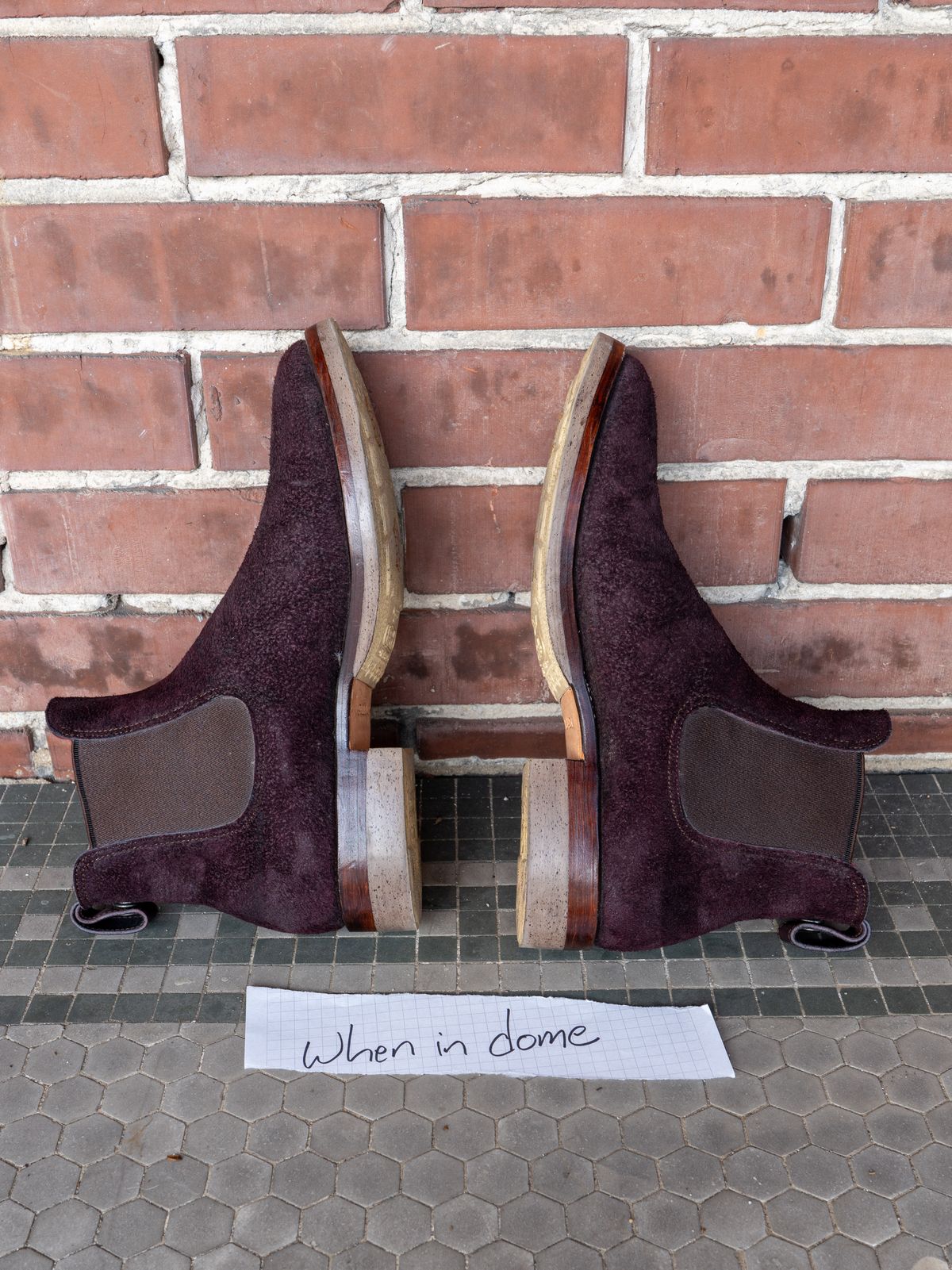 Photo by redfishjoefish on November 4, 2024 of the Briselblack The Seventh Chelsea Boot in Horween Rare Wine Reverse Chamois.