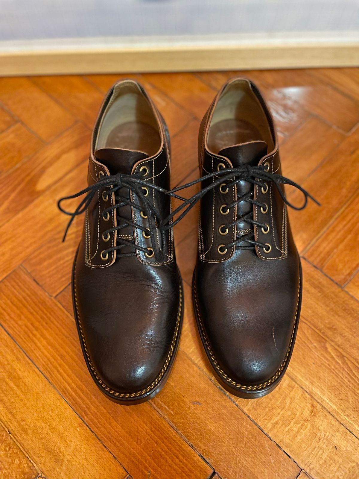Photo by soleprofessor on October 1, 2023 of the Onderhoud LVL01 Derby Boot in Badalassi Carlo Cognac Minerva.