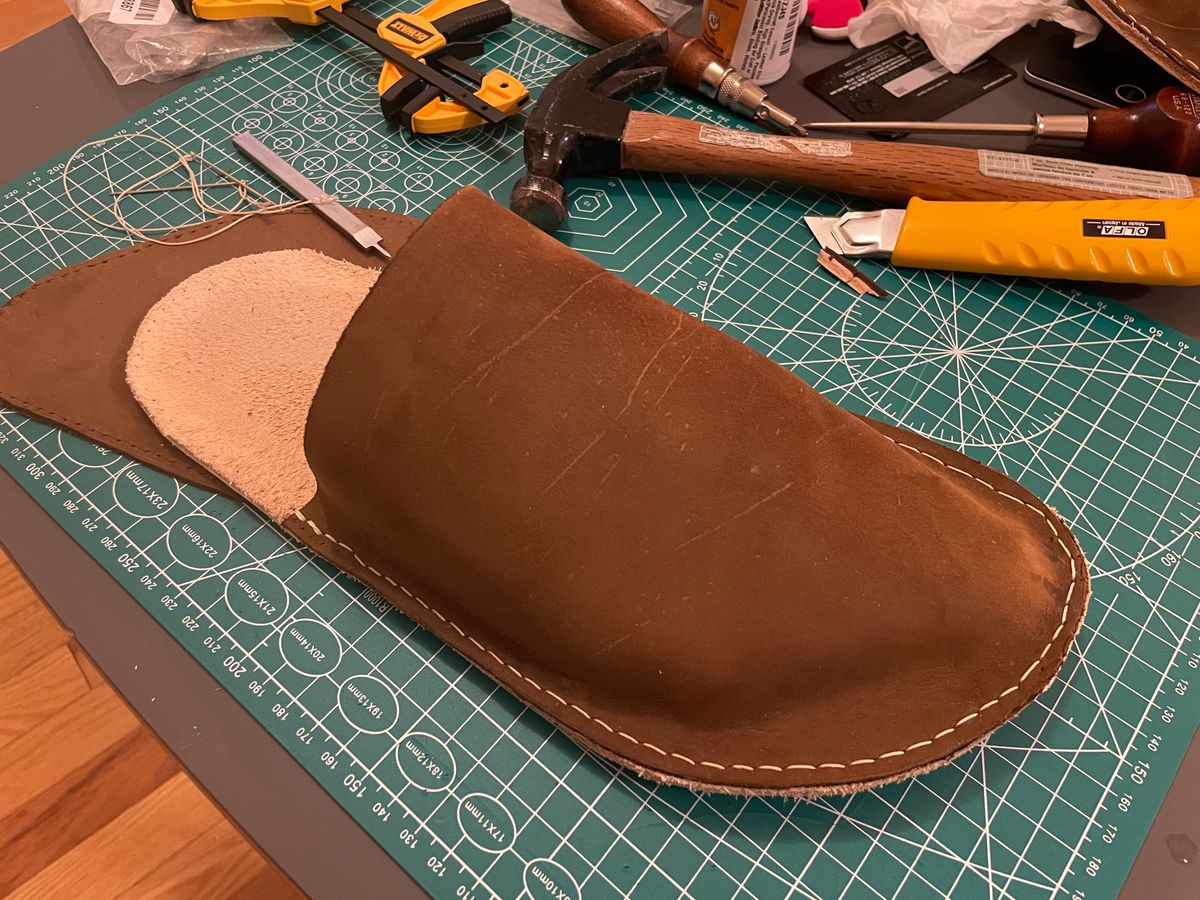 Photo by LastOfTheMohicans on October 6, 2023 of the Home Made Slipper in S.B. Foot Brown Spitfire.