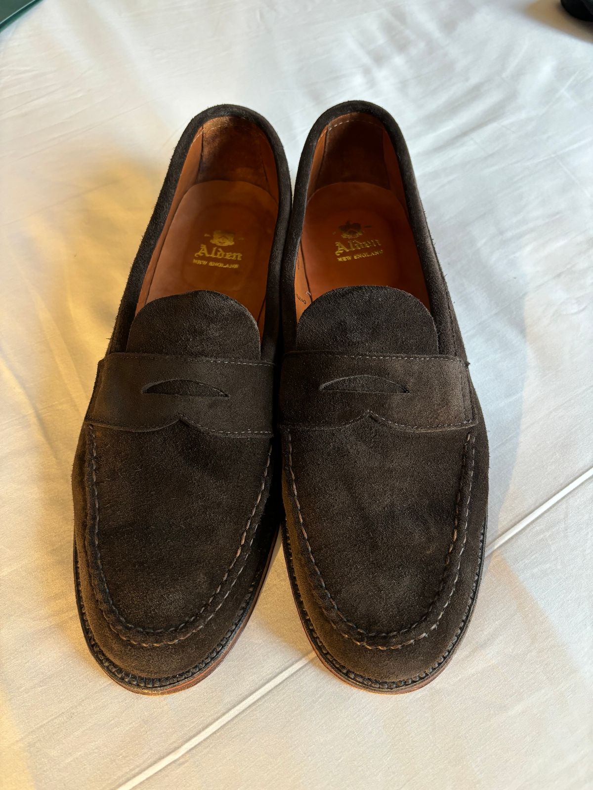 Photo by LastOfTheMohicans on October 14, 2024 of the Alden Leisure Handsewn Penny Loafer in Dark Brown Suede.