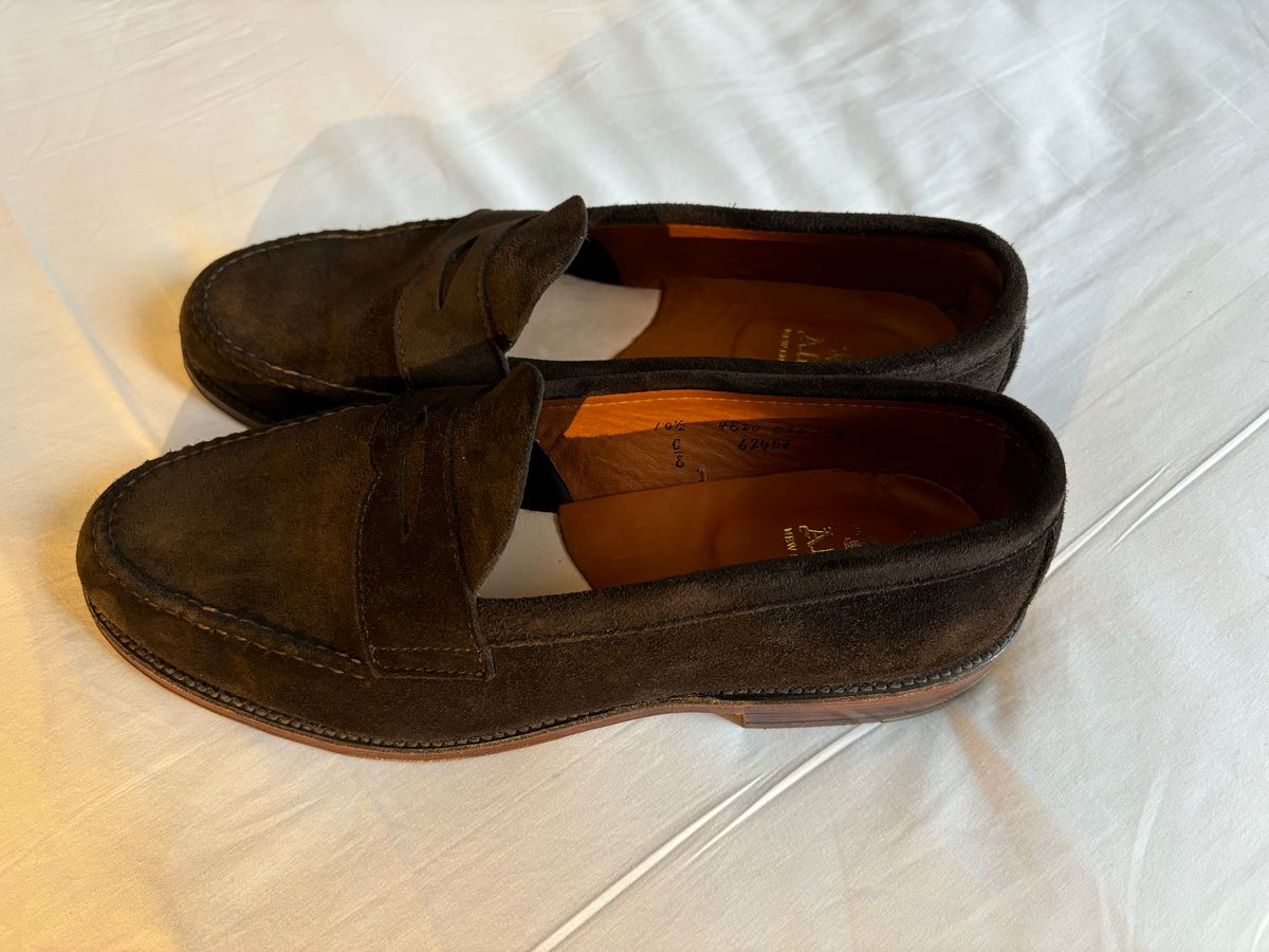 Photo by LastOfTheMohicans on October 14, 2024 of the Alden Leisure Handsewn Penny Loafer in Dark Brown Suede.