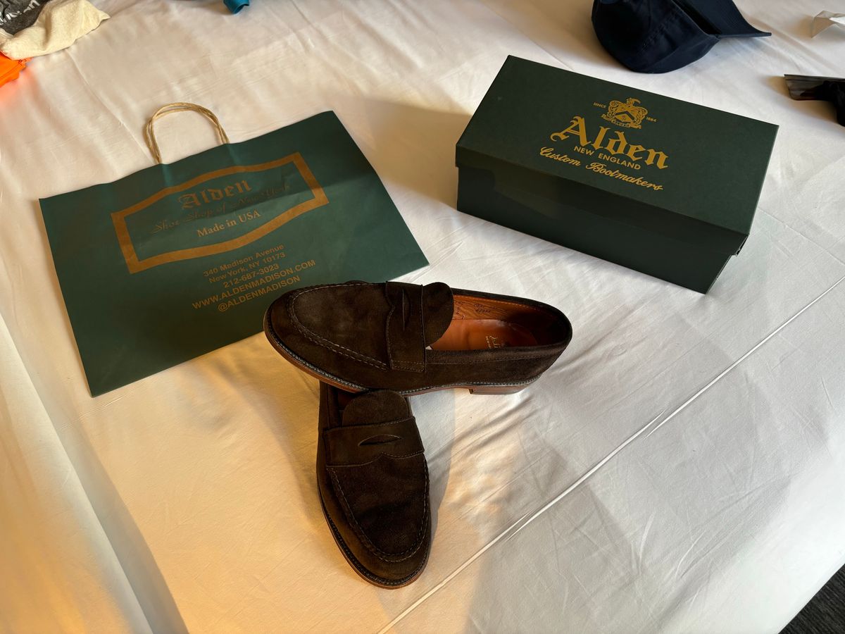 Photo by LastOfTheMohicans on October 14, 2024 of the Alden Leisure Handsewn Penny Loafer in Dark Brown Suede.