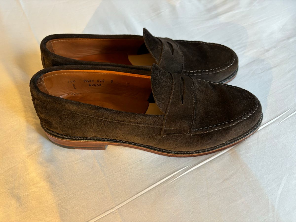 Photo by LastOfTheMohicans on October 14, 2024 of the Alden Leisure Handsewn Penny Loafer in Dark Brown Suede.