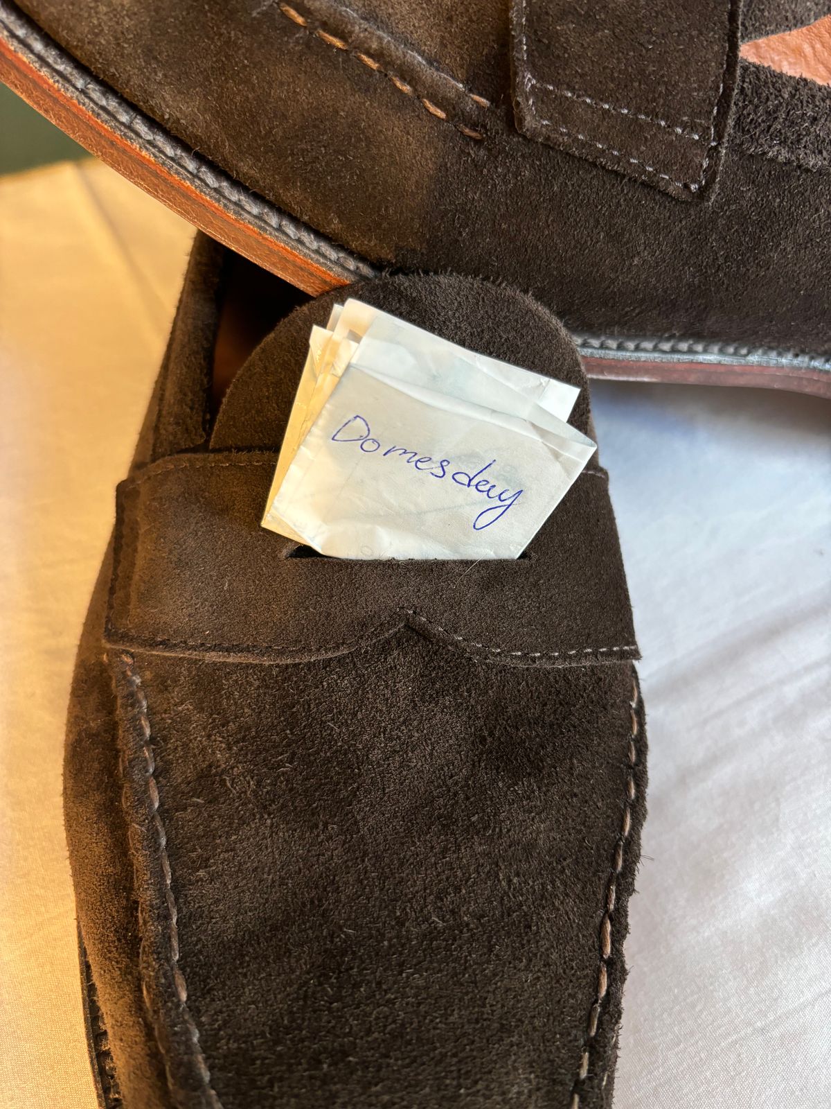 Photo by LastOfTheMohicans on October 14, 2024 of the Alden Leisure Handsewn Penny Loafer in Dark Brown Suede.