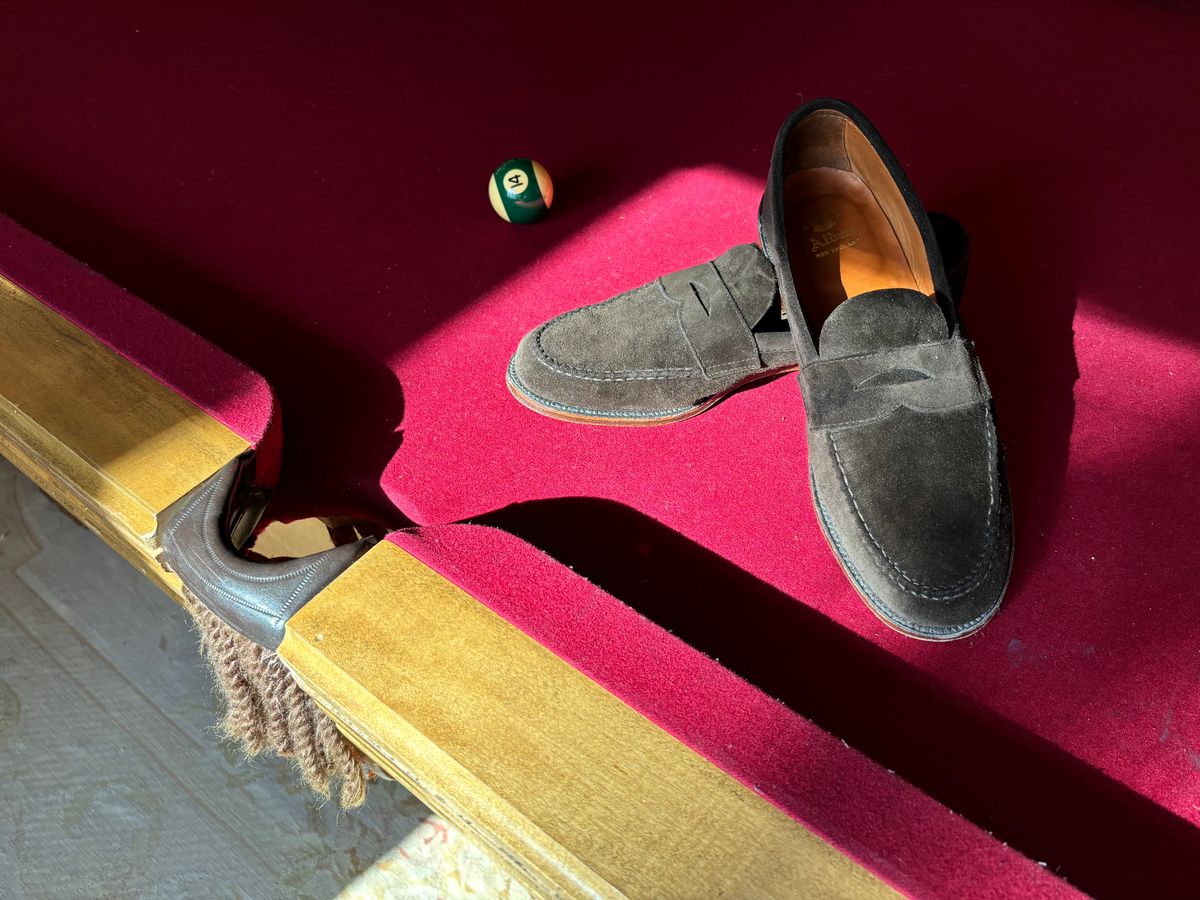 Photo by LastOfTheMohicans on October 20, 2024 of the Alden Leisure Handsewn Penny Loafer in Dark Brown Suede.
