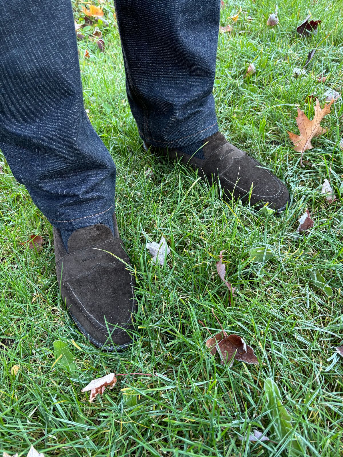Photo by LastOfTheMohicans on November 3, 2024 of the Alden Leisure Handsewn Penny Loafer in Dark Brown Suede.