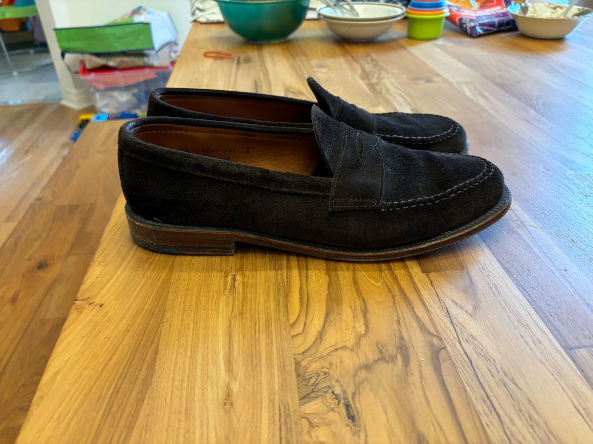 Photo by LastOfTheMohicans on November 3, 2024 of the Alden Leisure Handsewn Penny Loafer in Dark Brown Suede.