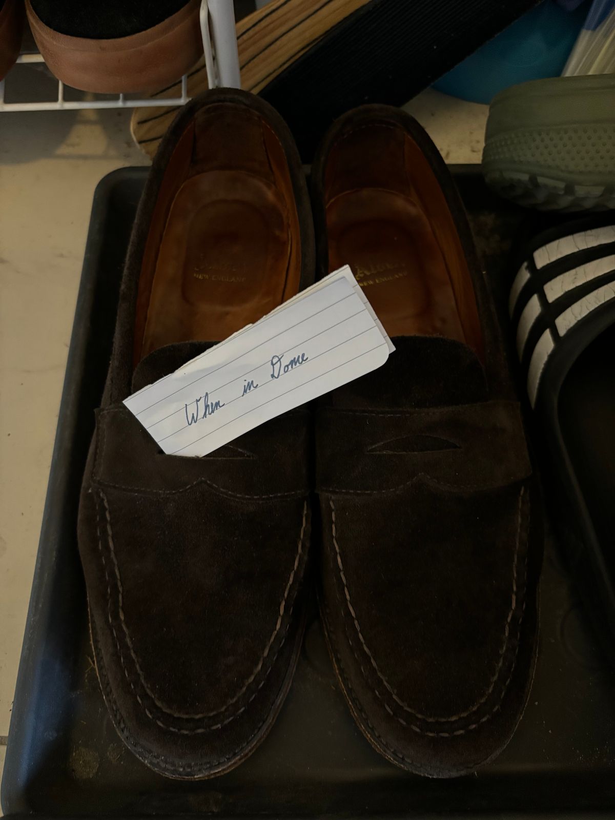 Photo by LastOfTheMohicans on November 3, 2024 of the Alden Leisure Handsewn Penny Loafer in Dark Brown Suede.