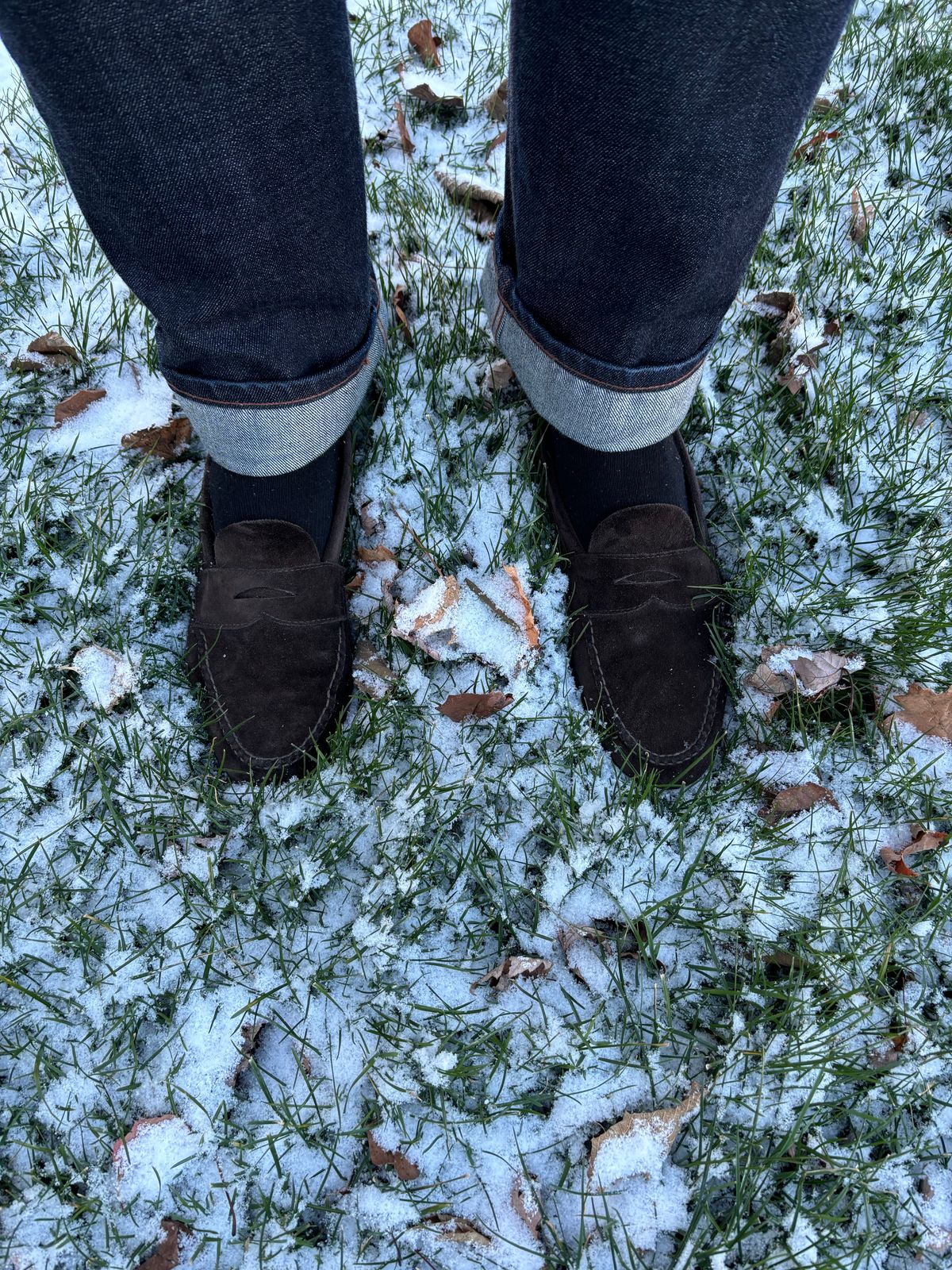 Photo by LastOfTheMohicans on December 1, 2024 of the Alden Leisure Handsewn Penny Loafer in Dark Brown Suede.