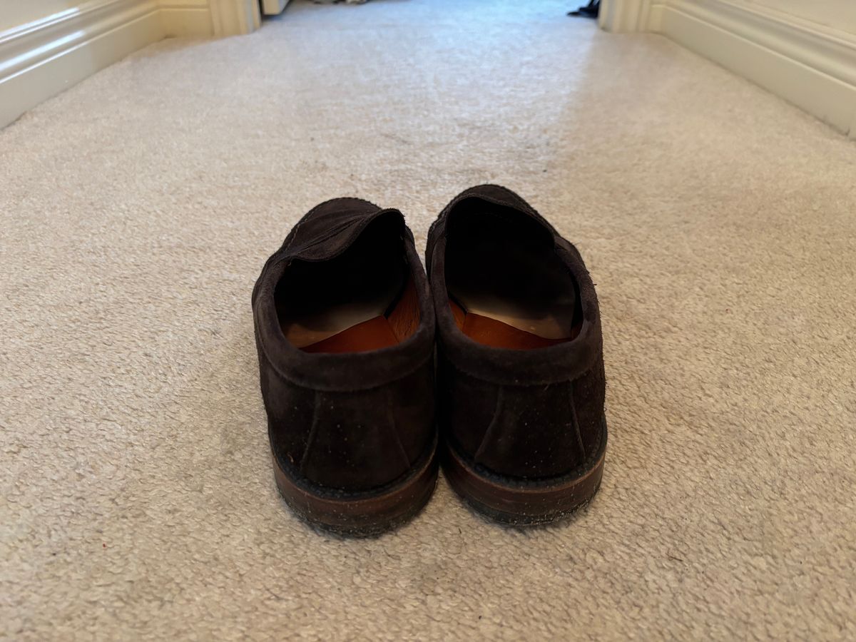 Photo by LastOfTheMohicans on December 4, 2024 of the Alden Leisure Handsewn Penny Loafer in Dark Brown Suede.
