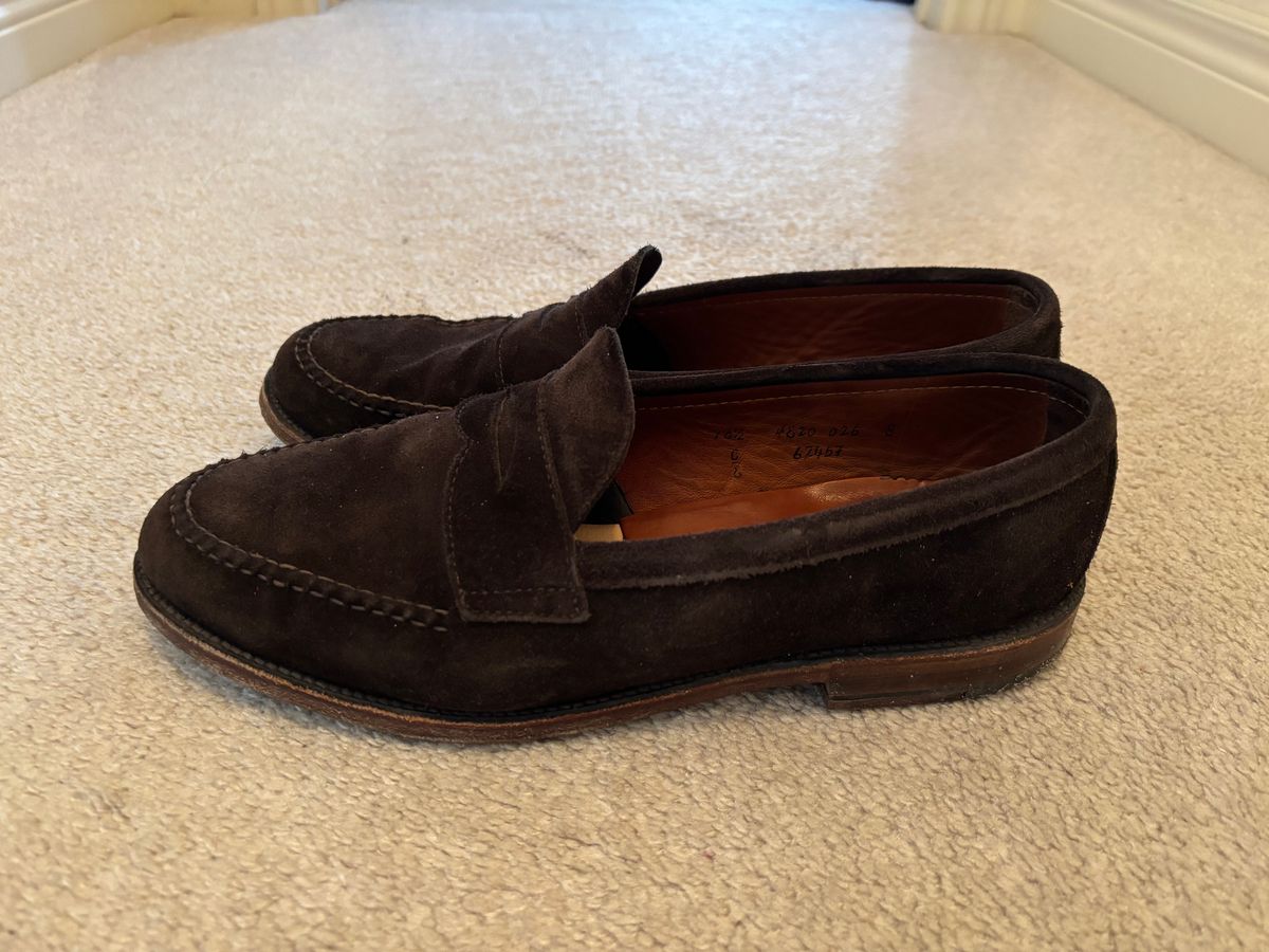 Photo by LastOfTheMohicans on December 4, 2024 of the Alden Leisure Handsewn Penny Loafer in Dark Brown Suede.