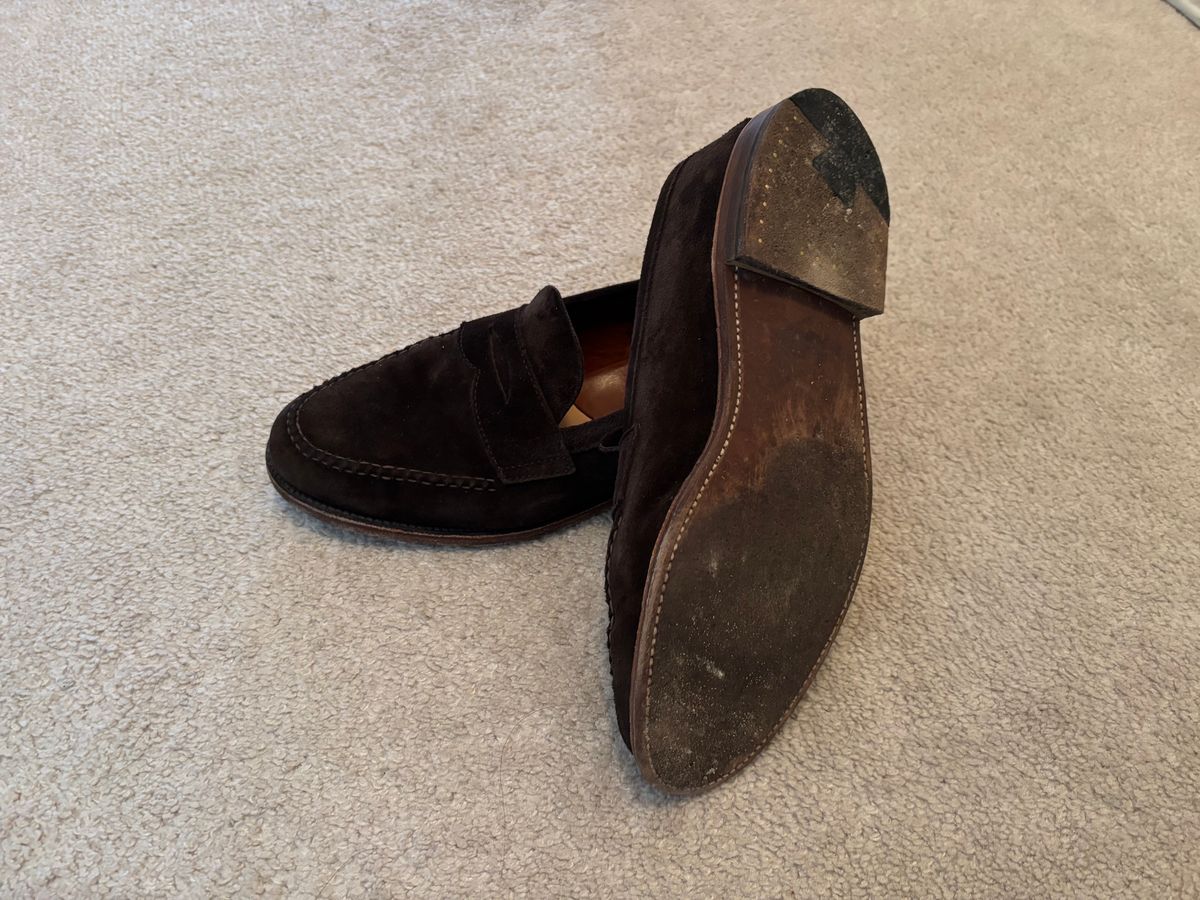 Photo by LastOfTheMohicans on December 4, 2024 of the Alden Leisure Handsewn Penny Loafer in Dark Brown Suede.