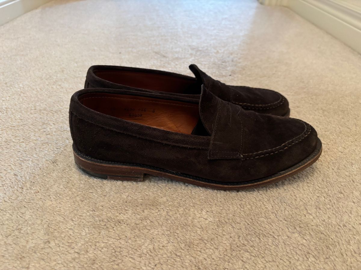 Photo by LastOfTheMohicans on December 4, 2024 of the Alden Leisure Handsewn Penny Loafer in Dark Brown Suede.