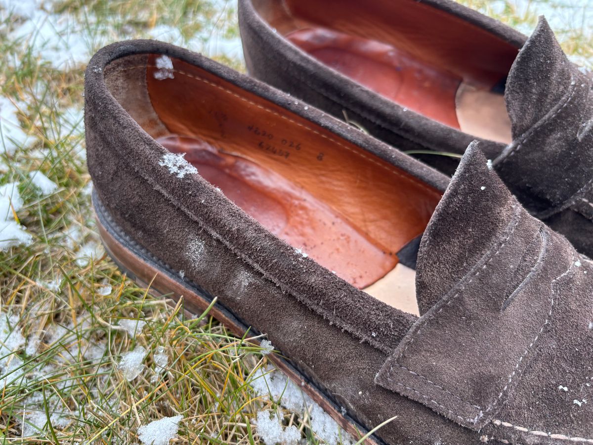 Photo by LastOfTheMohicans on January 3, 2025 of the Alden Leisure Handsewn Penny Loafer in Dark Brown Suede.