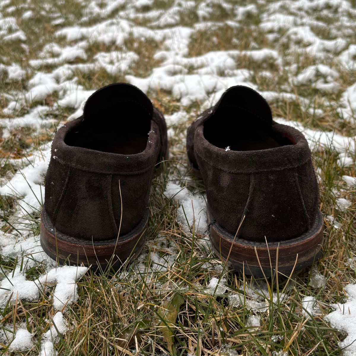 Photo by LastOfTheMohicans on January 3, 2025 of the Alden Leisure Handsewn Penny Loafer in Dark Brown Suede.