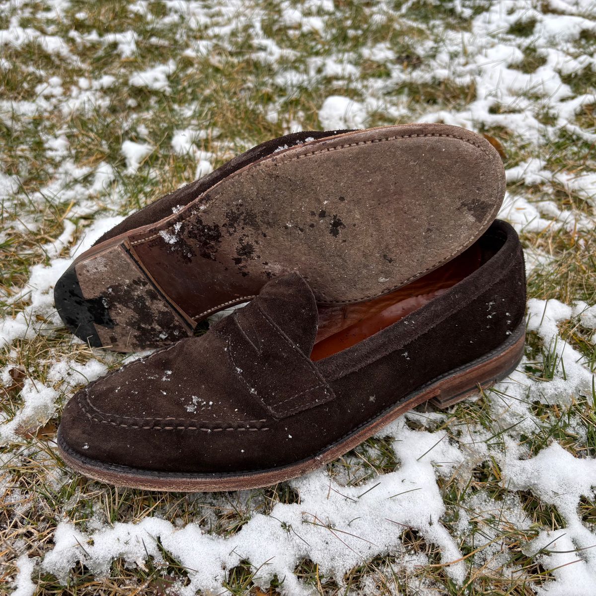 Photo by LastOfTheMohicans on January 3, 2025 of the Alden Leisure Handsewn Penny Loafer in Dark Brown Suede.
