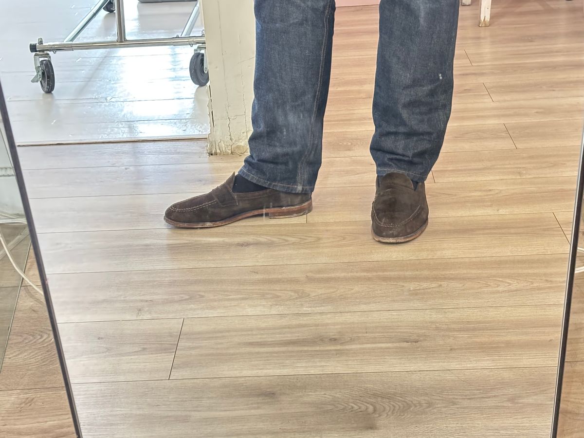 Photo by LastOfTheMohicans on February 4, 2025 of the Alden Leisure Handsewn Penny Loafer in Dark Brown Suede.