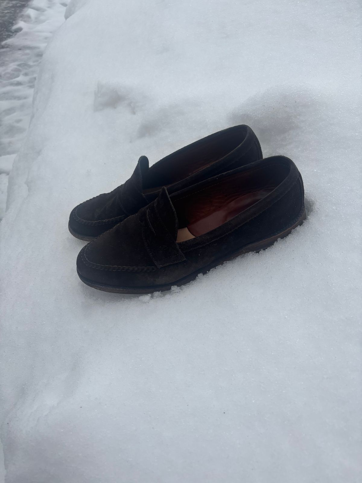 Photo by LastOfTheMohicans on March 4, 2025 of the Alden Leisure Handsewn Penny Loafer in Dark Brown Suede.