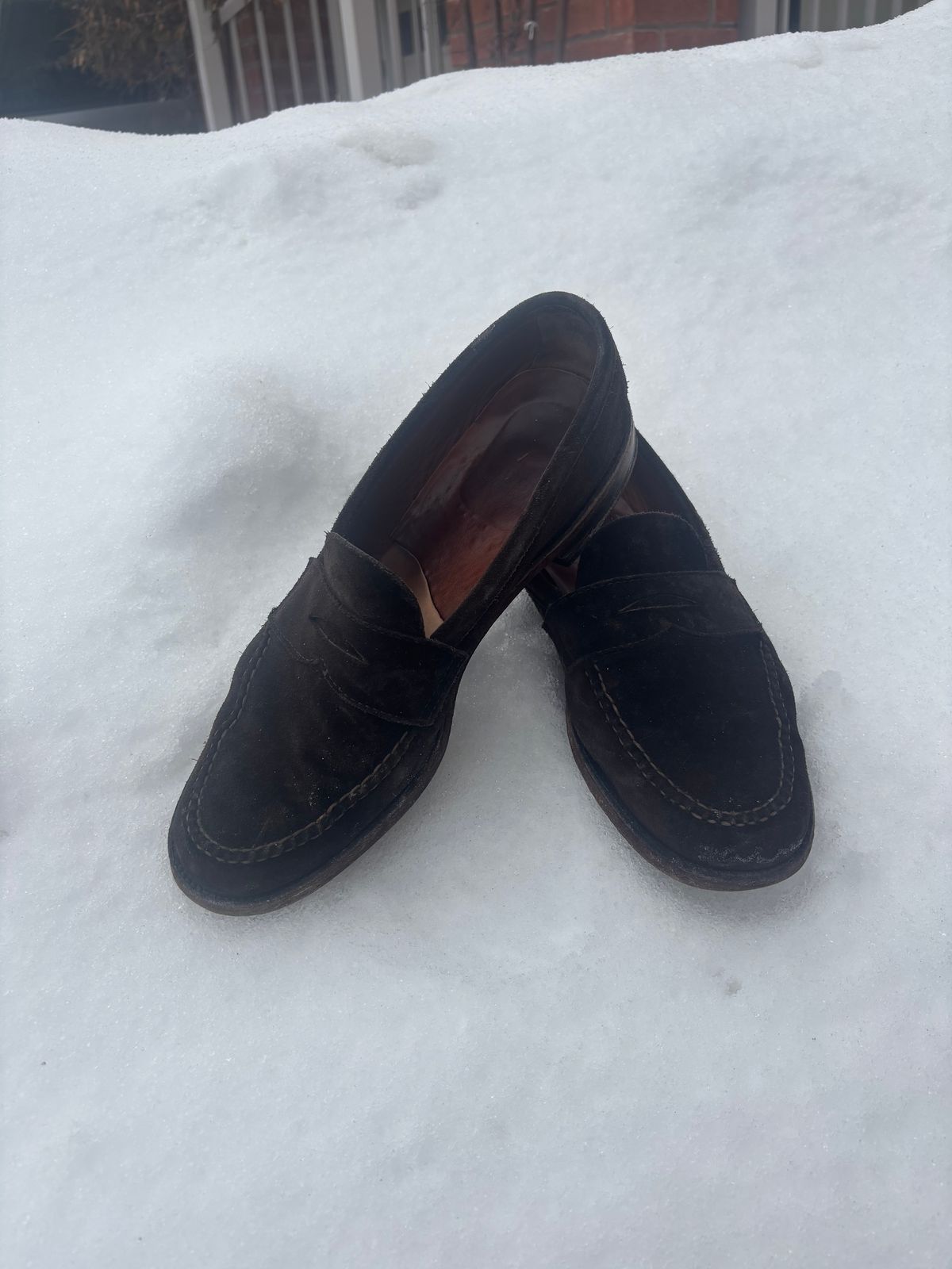 Photo by LastOfTheMohicans on March 4, 2025 of the Alden Leisure Handsewn Penny Loafer in Dark Brown Suede.