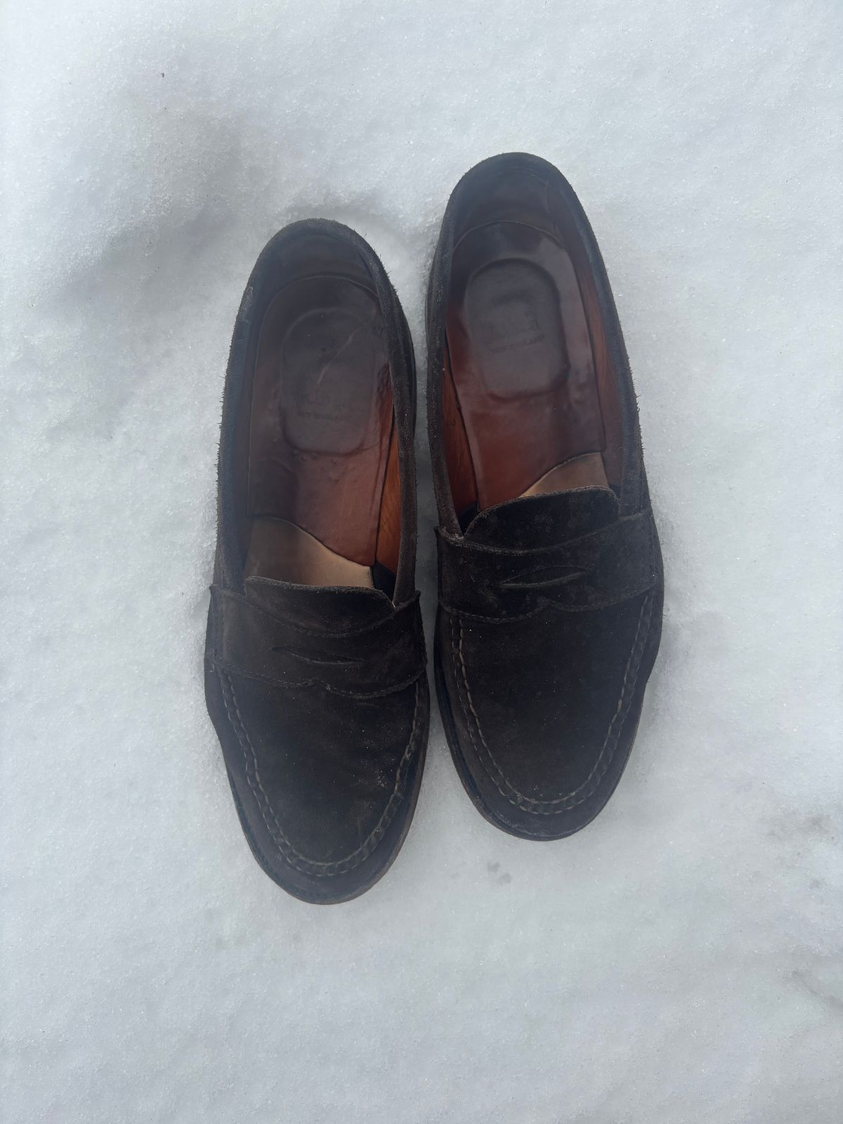 Photo by LastOfTheMohicans on March 4, 2025 of the Alden Leisure Handsewn Penny Loafer in Dark Brown Suede.