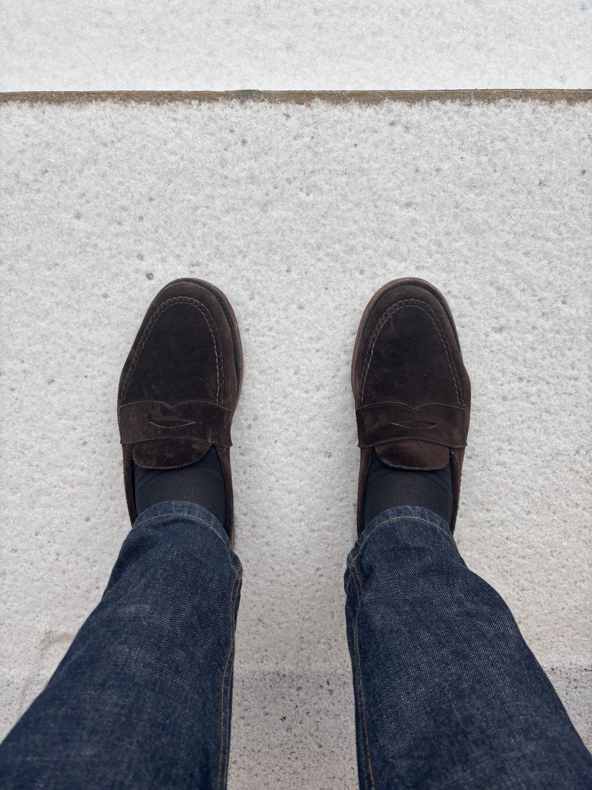 Photo by LastOfTheMohicans on April 2, 2025 of the Alden Leisure Handsewn Penny Loafer in Dark Brown Suede.