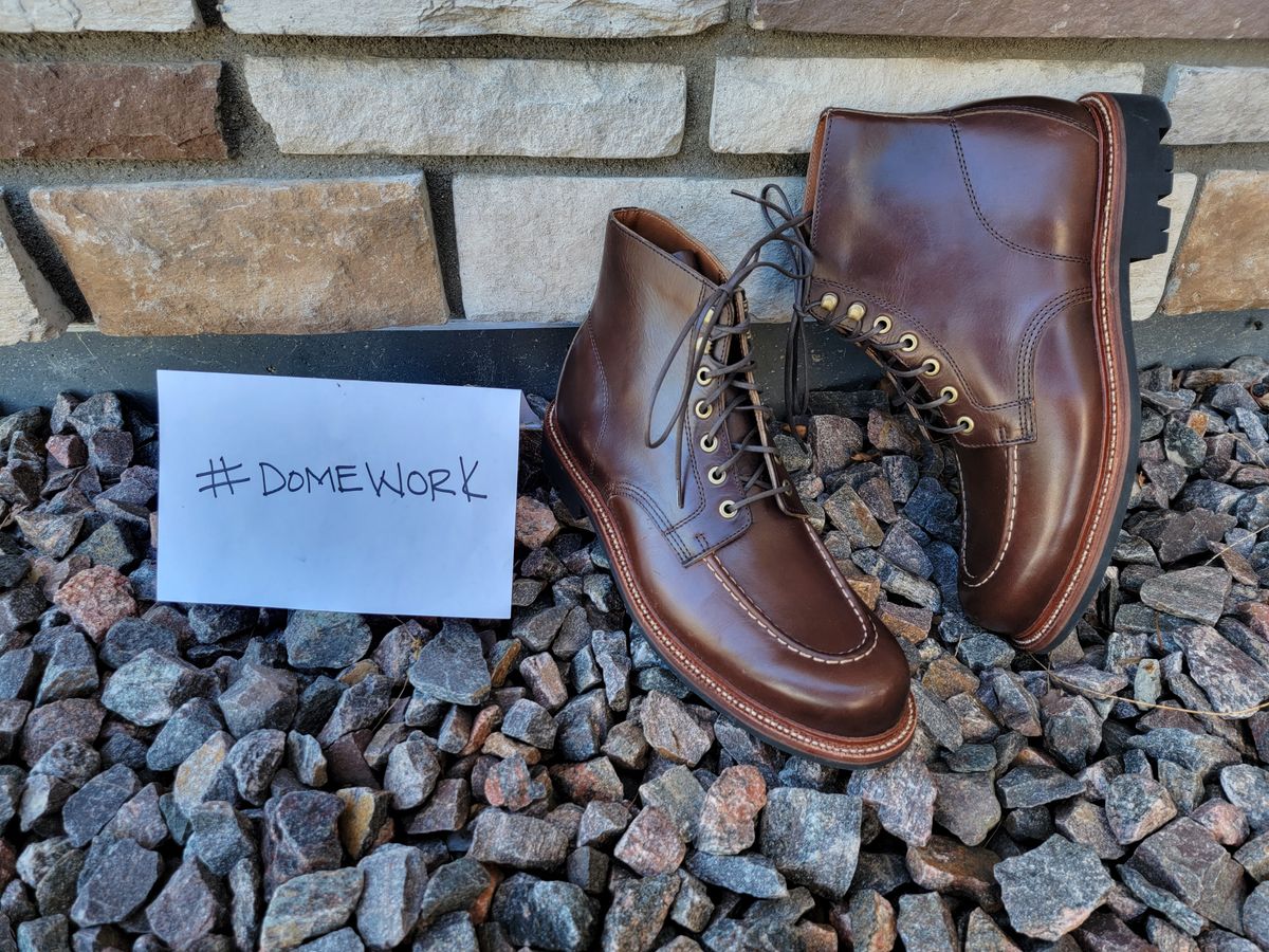 Photo by ejw on October 1, 2022 of the Grant Stone Brass Boot in Horween Crimson Chromexcel.