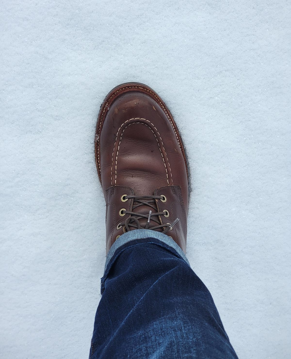 Photo by ejw on October 27, 2022 of the Grant Stone Brass Boot in Horween Crimson Chromexcel.