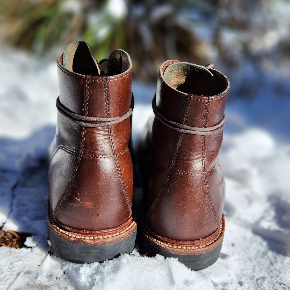 Photo by ejw on November 4, 2022 of the Grant Stone Brass Boot in Horween Crimson Chromexcel.