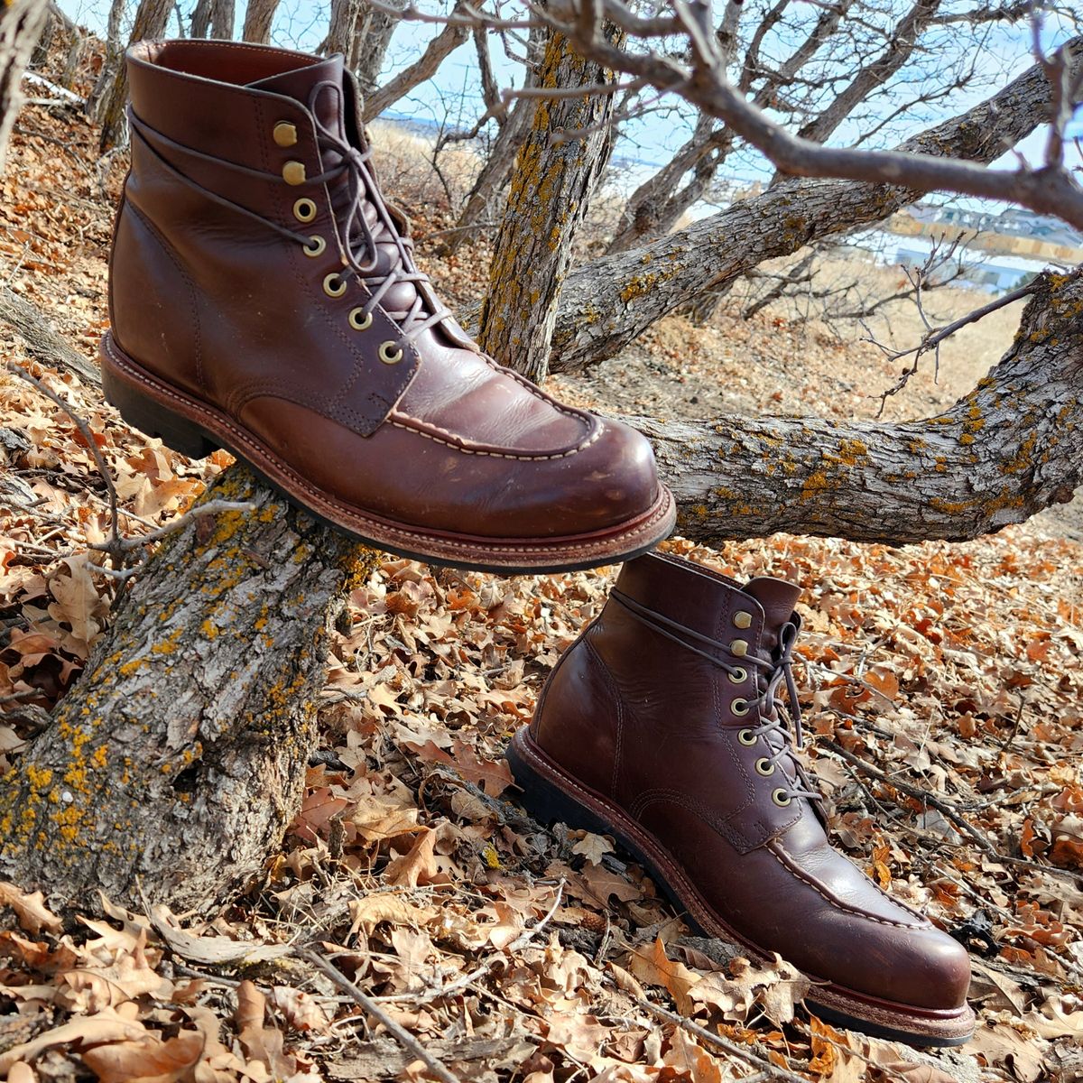 Photo by ejw on February 5, 2023 of the Grant Stone Brass Boot in Horween Crimson Chromexcel.