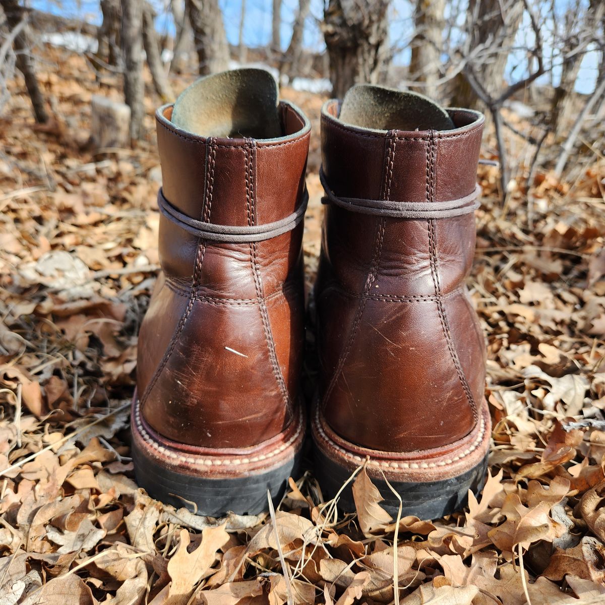 Photo by ejw on February 5, 2023 of the Grant Stone Brass Boot in Horween Crimson Chromexcel.