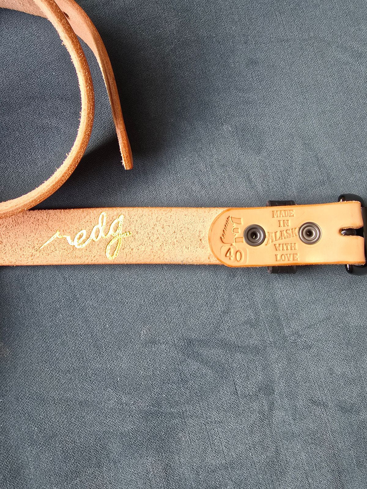 Photo by LouisvilleLeatherGuy on October 1, 2025 of the Ewing Dry Goods "Stamped Series" Minimalist Belt in Wickett & Craig Natural Veg Tan.