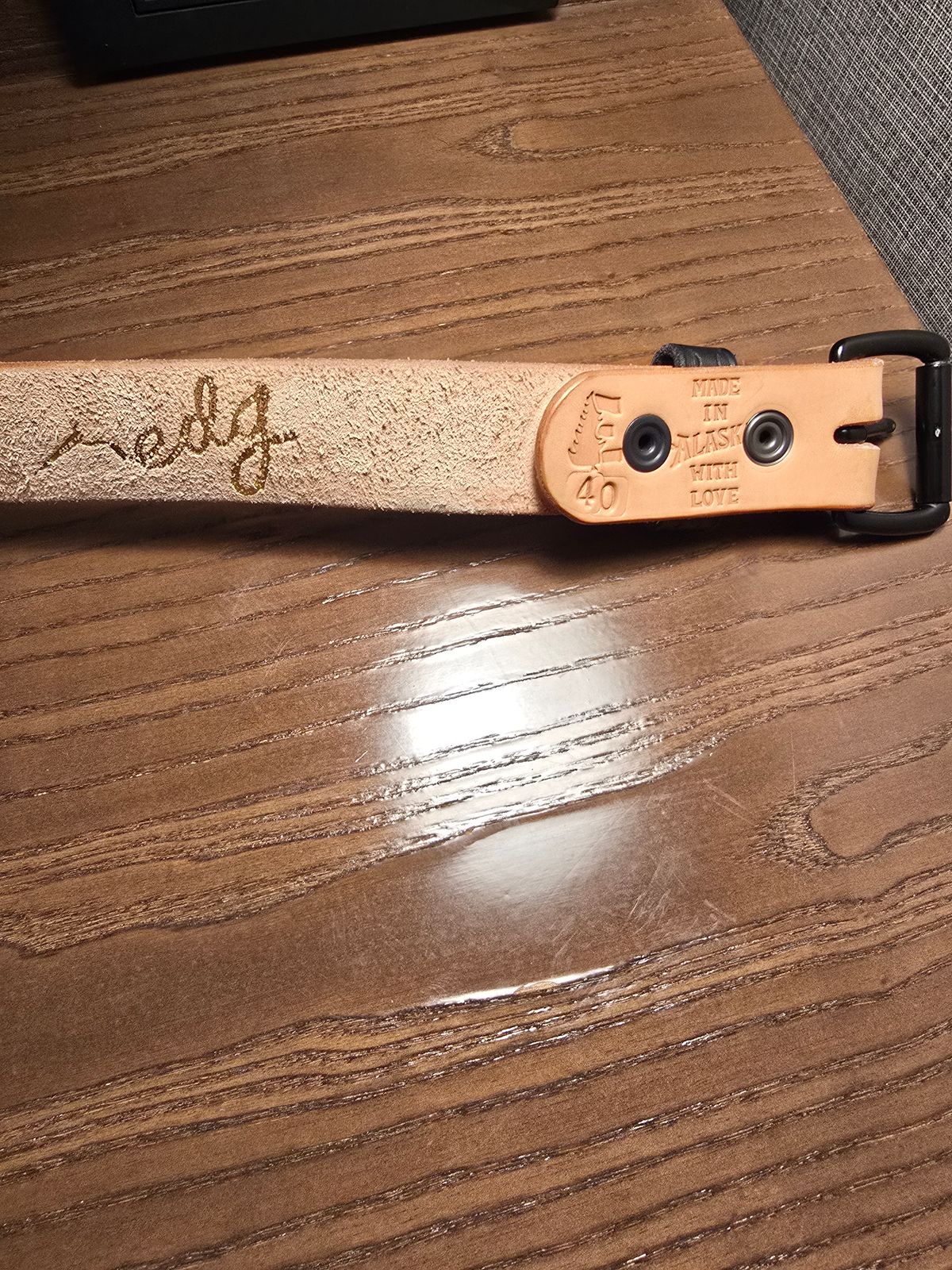 Photo by LouisvilleLeatherGuy on November 5, 2025 of the Ewing Dry Goods "Stamped Series" Minimalist Belt in Wickett & Craig Natural Veg Tan.