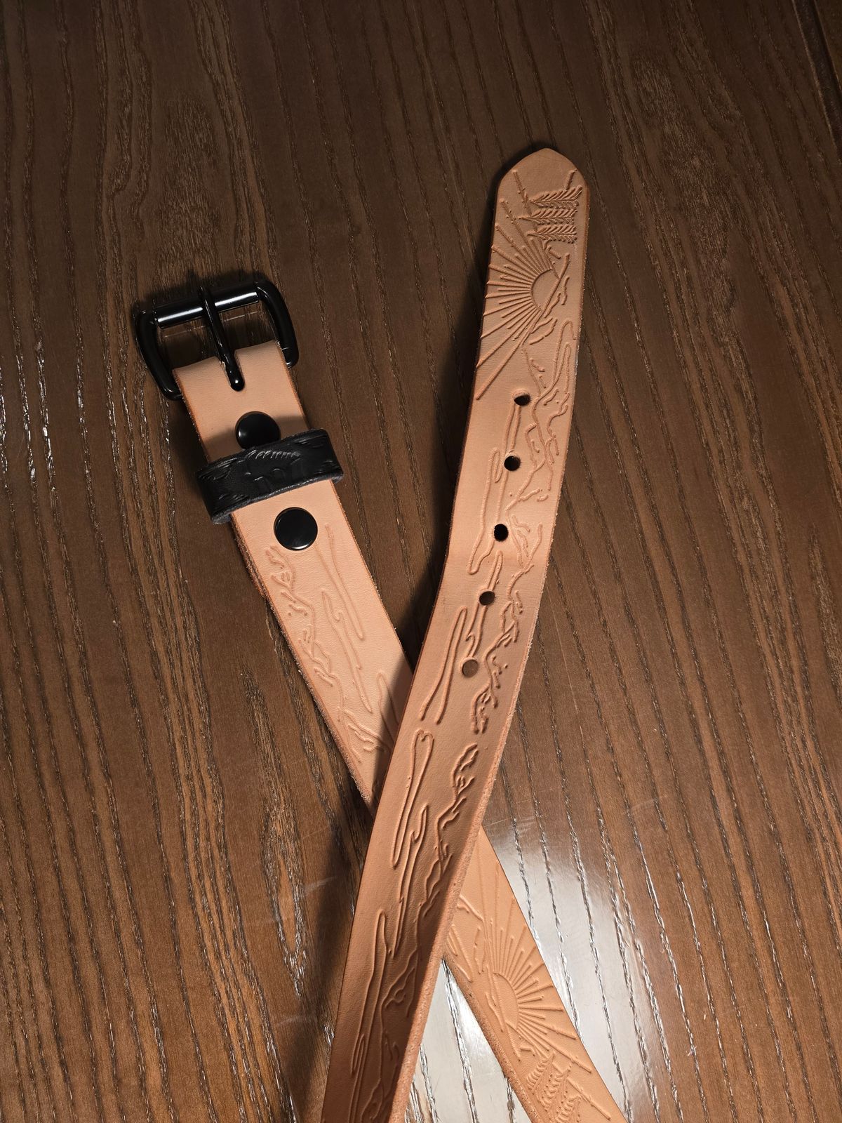 Photo by LouisvilleLeatherGuy on November 5, 2025 of the Ewing Dry Goods "Stamped Series" Minimalist Belt in Wickett & Craig Natural Veg Tan.