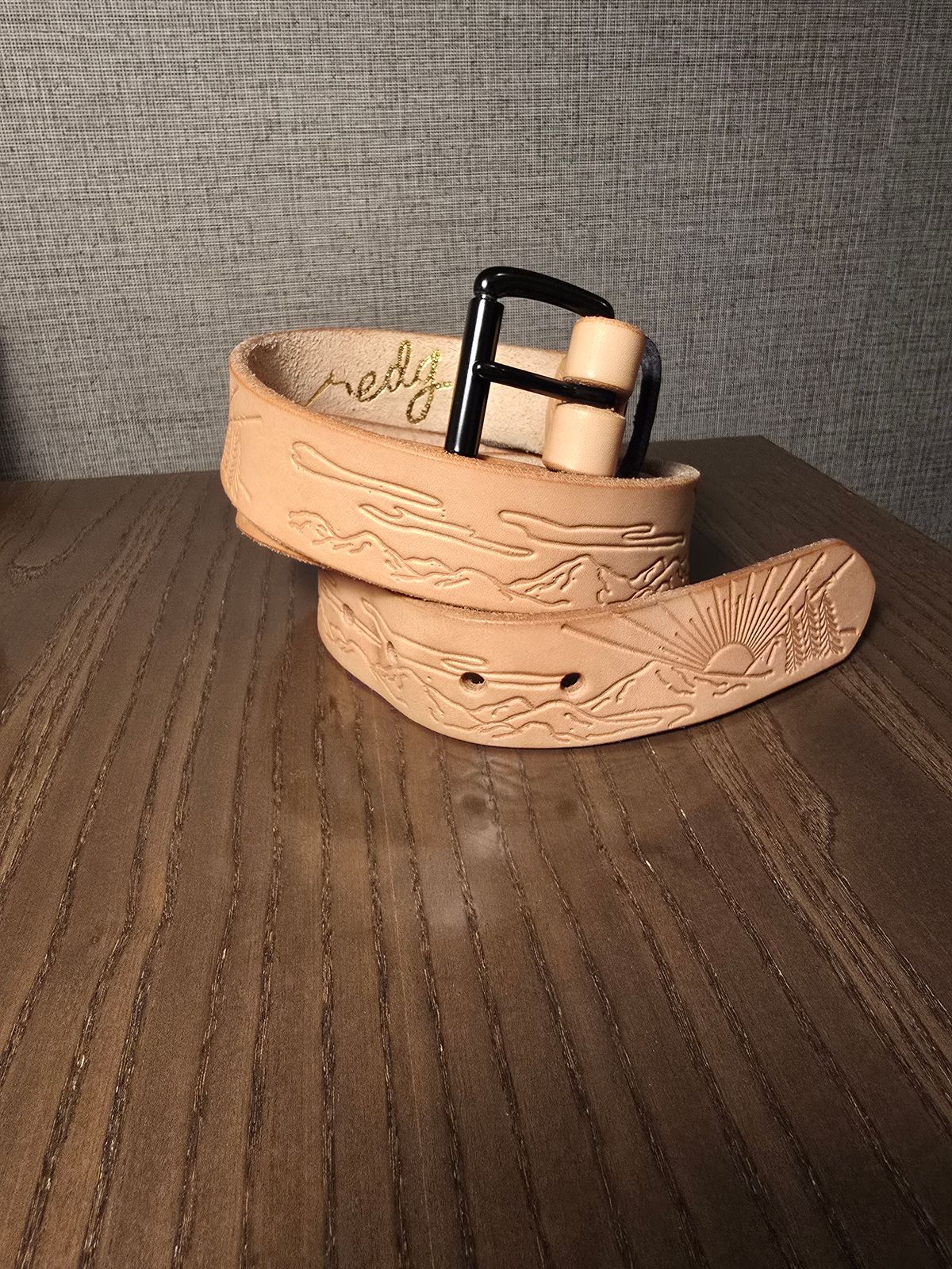 Photo by LouisvilleLeatherGuy on November 5, 2025 of the Ewing Dry Goods "Stamped Series" Minimalist Belt in Wickett & Craig Natural Veg Tan.