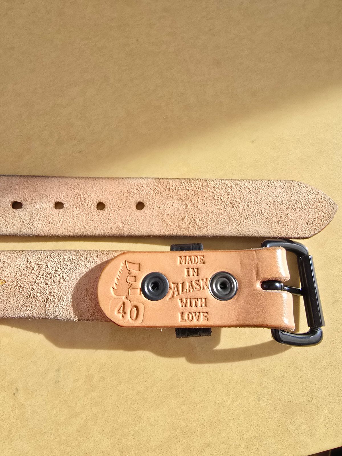 Photo by LouisvilleLeatherGuy on December 5, 2025 of the Ewing Dry Goods "Stamped Series" Minimalist Belt in Wickett & Craig Natural Veg Tan.