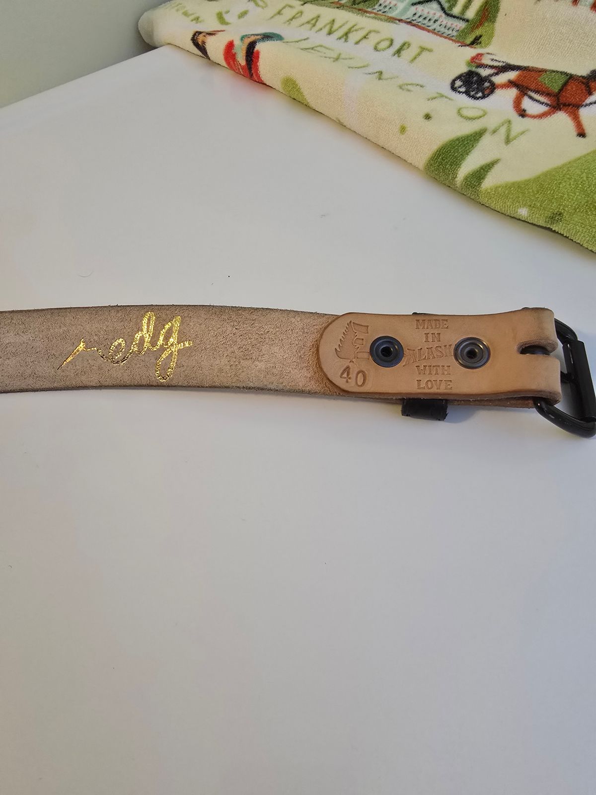 Photo by LouisvilleLeatherGuy on January 5, 2026 of the Ewing Dry Goods "Stamped Series" Minimalist Belt in Wickett & Craig Natural Veg Tan.