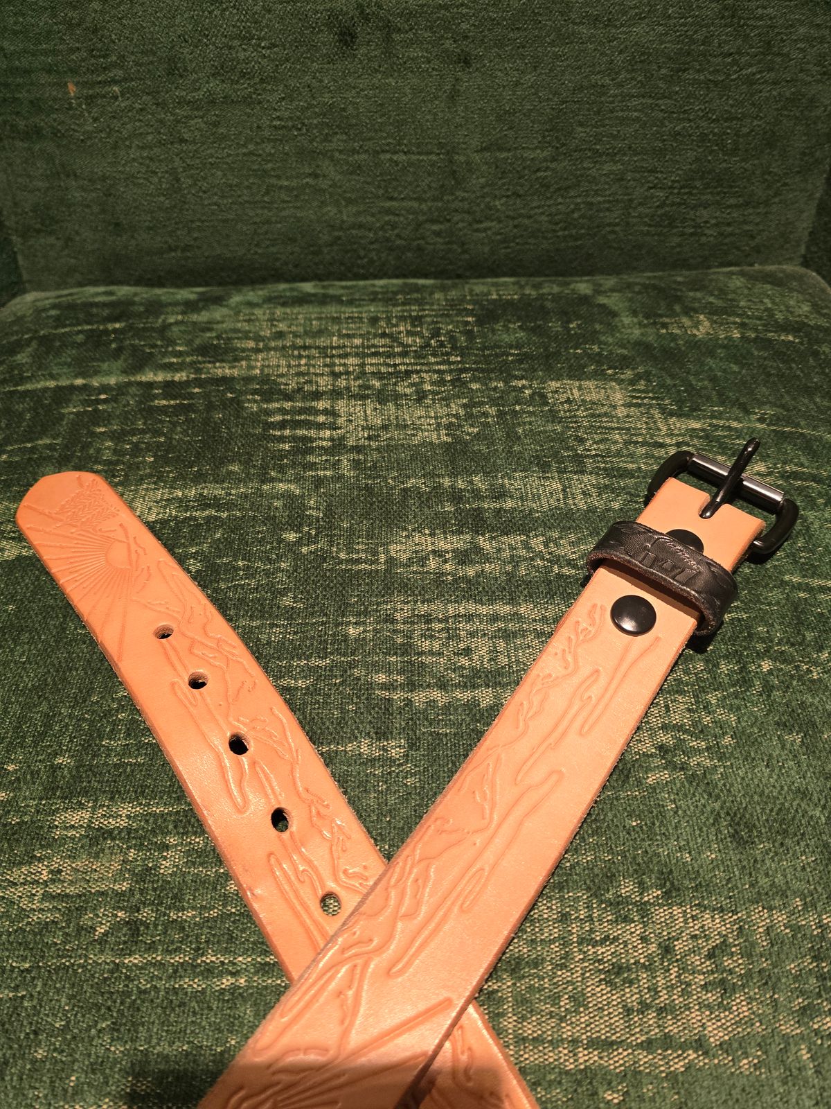 Photo by LouisvilleLeatherGuy on February 5, 2026 of the Ewing Dry Goods "Stamped Series" Minimalist Belt in Wickett & Craig Natural Veg Tan.
