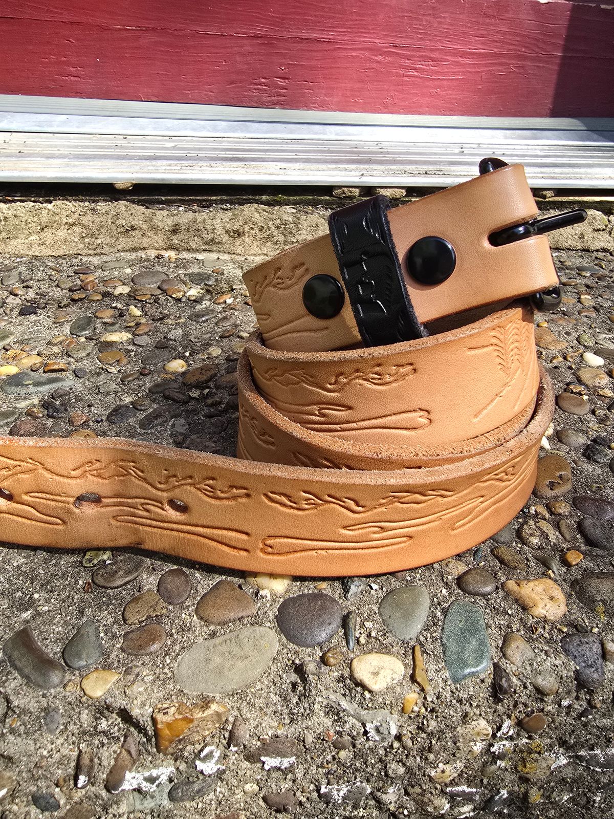 Photo by LouisvilleLeatherGuy on April 5, 2026 of the Ewing Dry Goods "Stamped Series" Minimalist Belt in Wickett & Craig Natural Veg Tan.