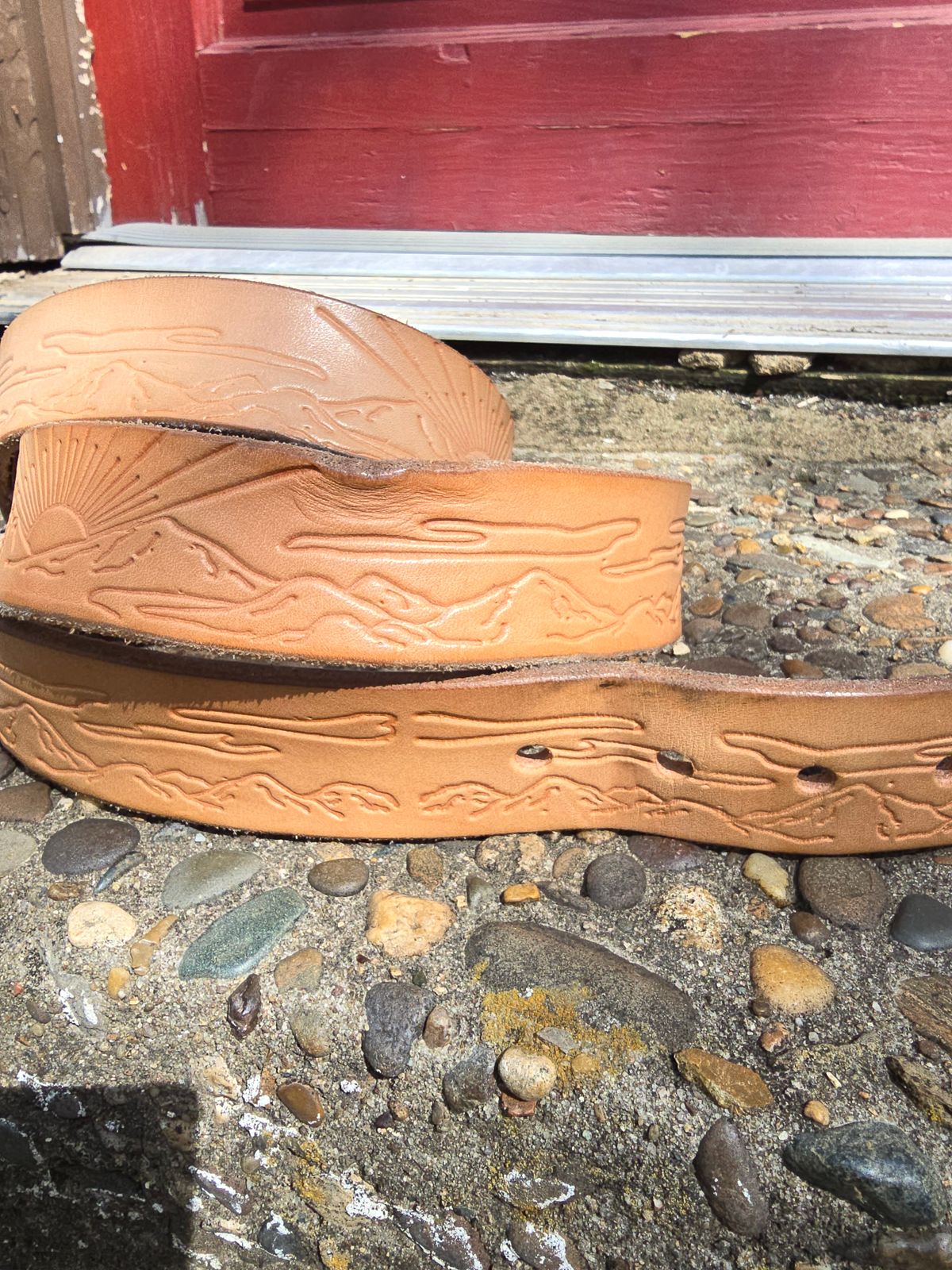 Photo by LouisvilleLeatherGuy on April 5, 2026 of the Ewing Dry Goods "Stamped Series" Minimalist Belt in Wickett & Craig Natural Veg Tan.