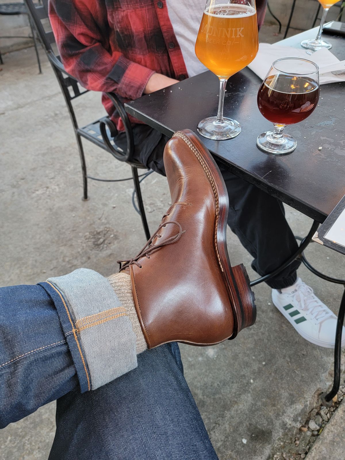 Photo by LouisvilleLeatherGuy on October 4, 2022 of the Midas Thunderboot II in Shinki Cognac Oiled Horsebutt.